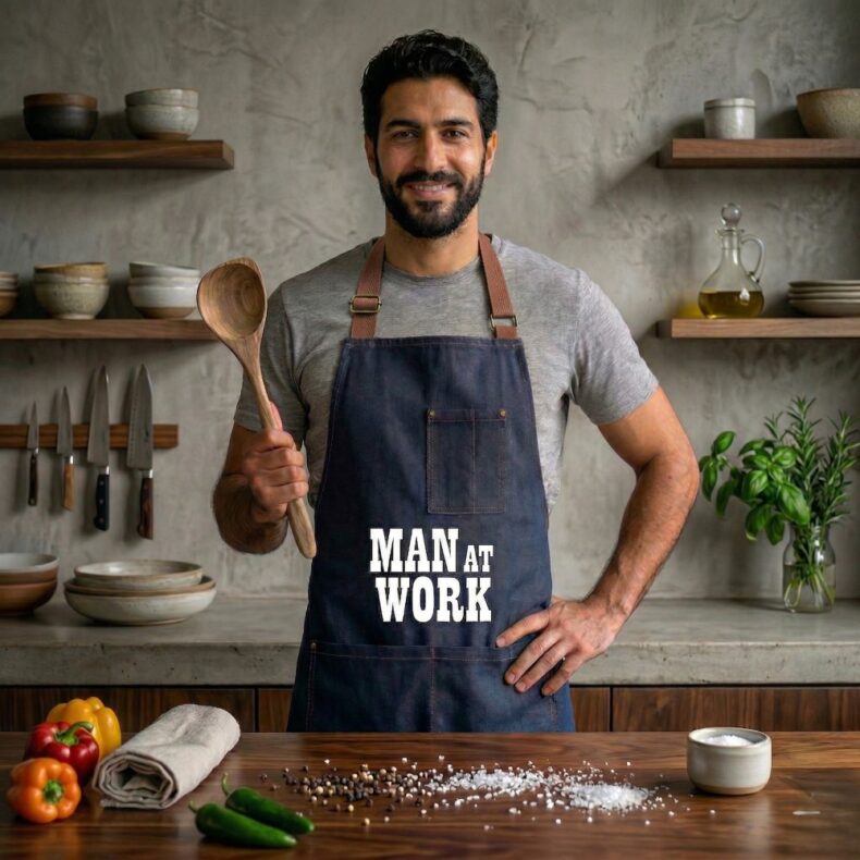 סינר מג'ינס לגבר עם כיתוב